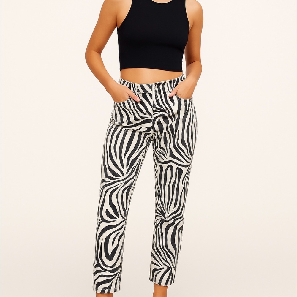 Zara Jeans Size 2 Zebra Print High Rise Straight Leg Y2K Streetwear Scandi Style - Picture 1 of 16